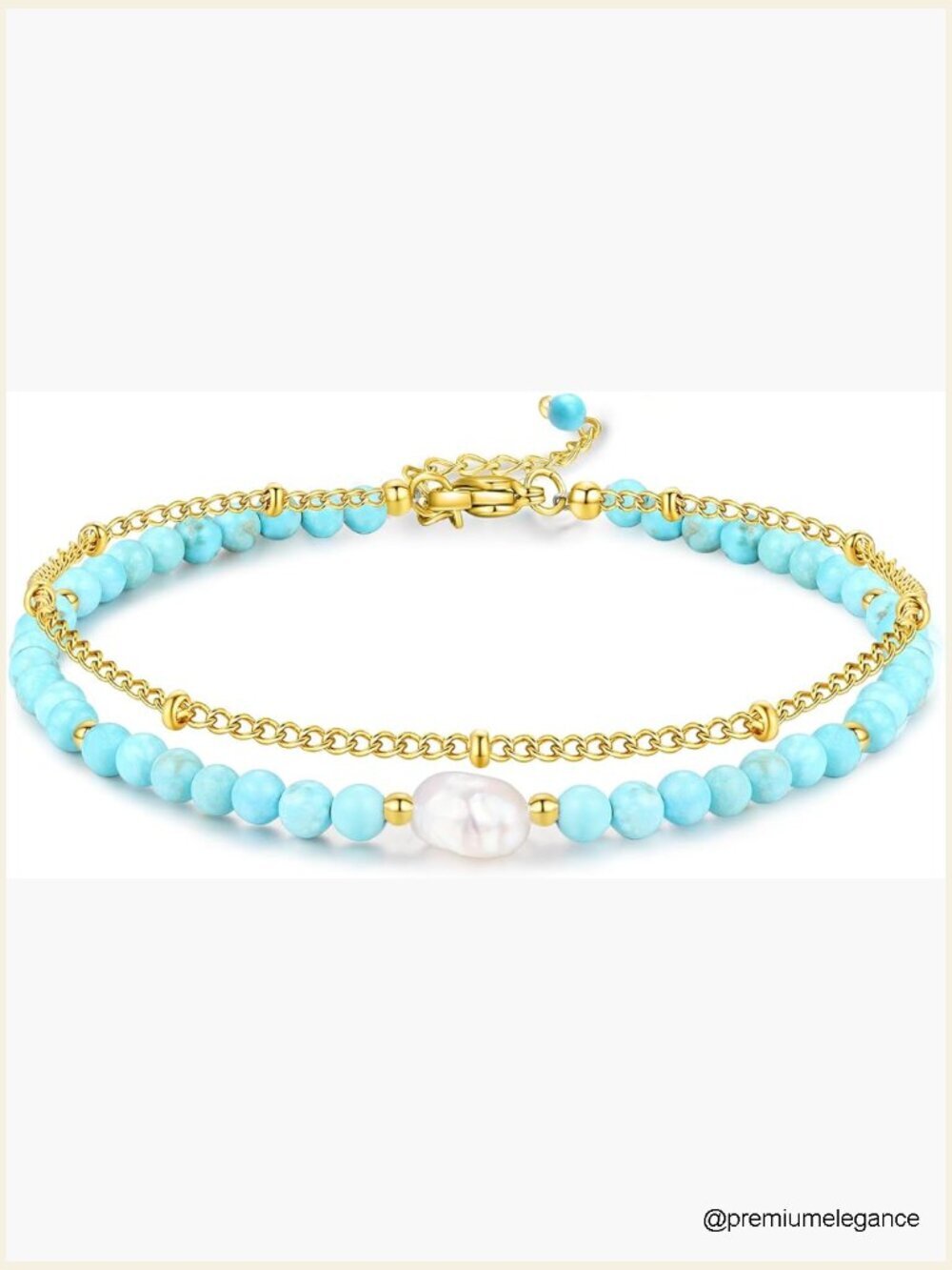 Handmade Birthstone Stack Bracelet Natural Turquoise Pearls Gold Bead Chain 8"